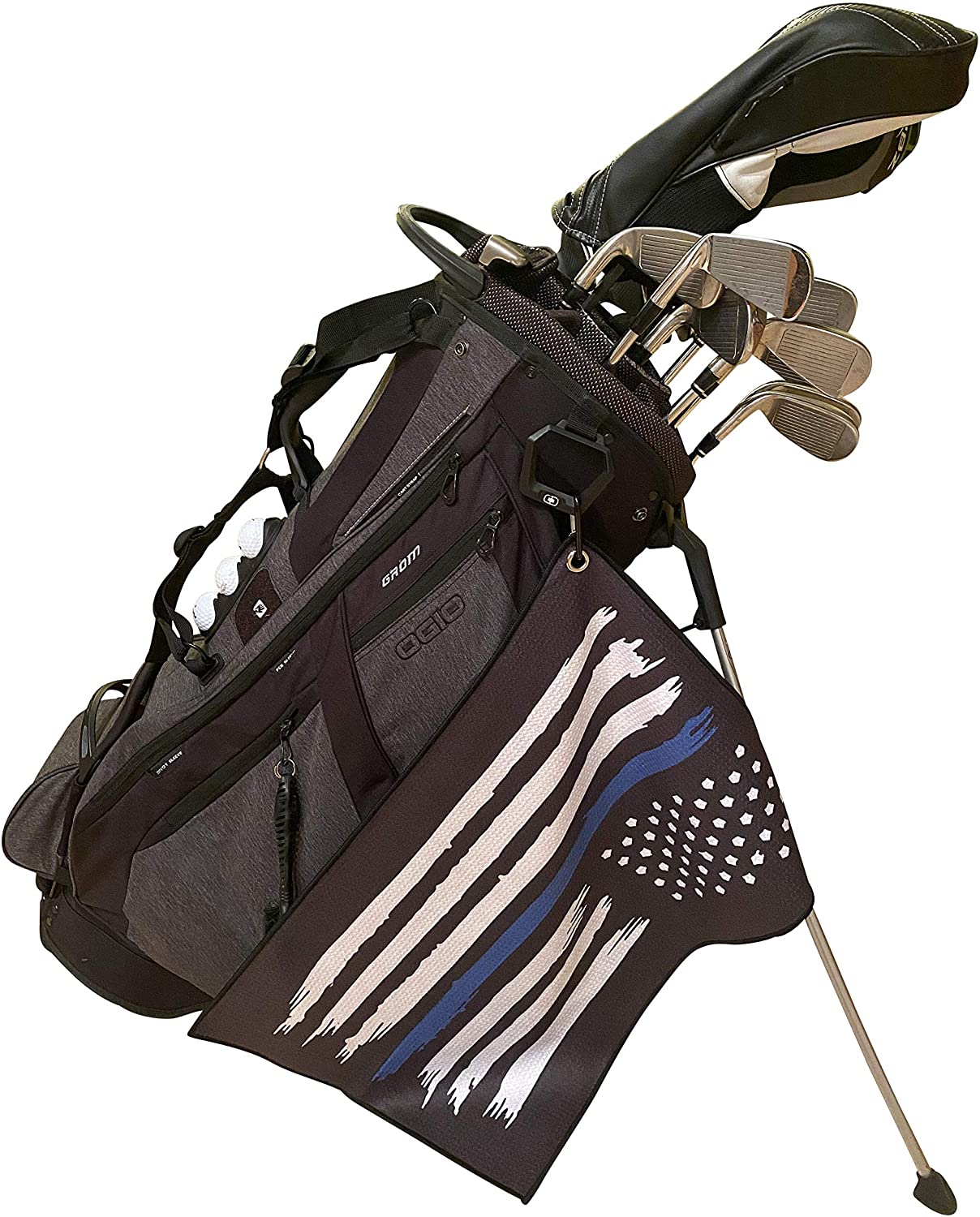 Police Golf Towel - American Flag with Thin Blue Line clipped on bag